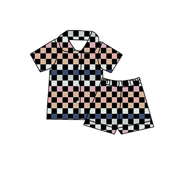 Preorder Baby Girl Short Sleeves Checkered Button Up Shirt Shorts Pajamas Clothes Set