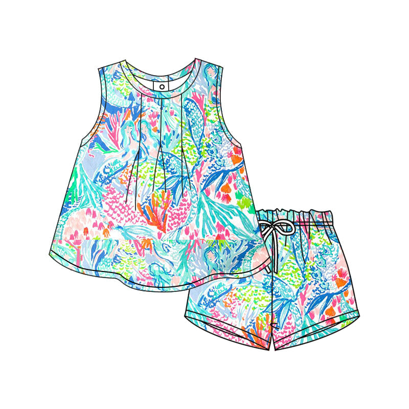 Preorder Baby Girl Seaweed Flower Sleeveless Tunic Shorts Clothes Set