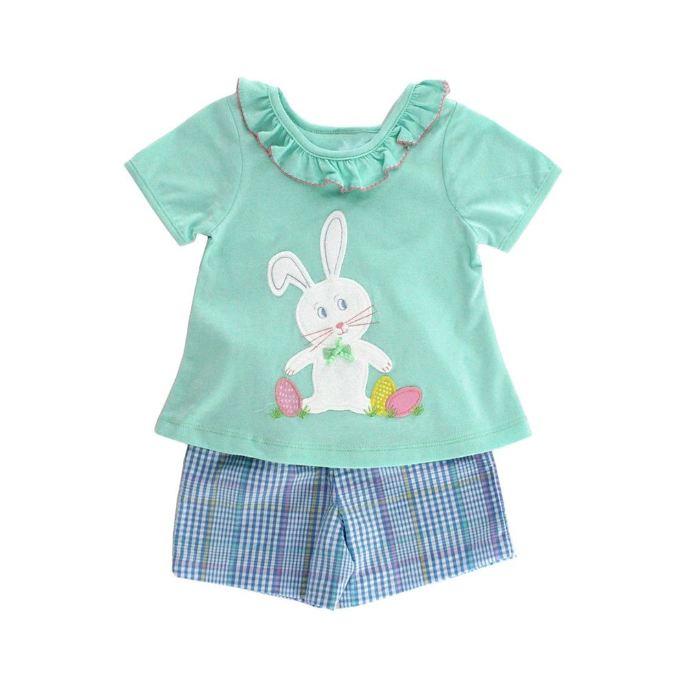 Preorder Baby Girl Short Sleeves Rabbit Easter Green Ruffle Shirt Plaid Shorts Clothes Set