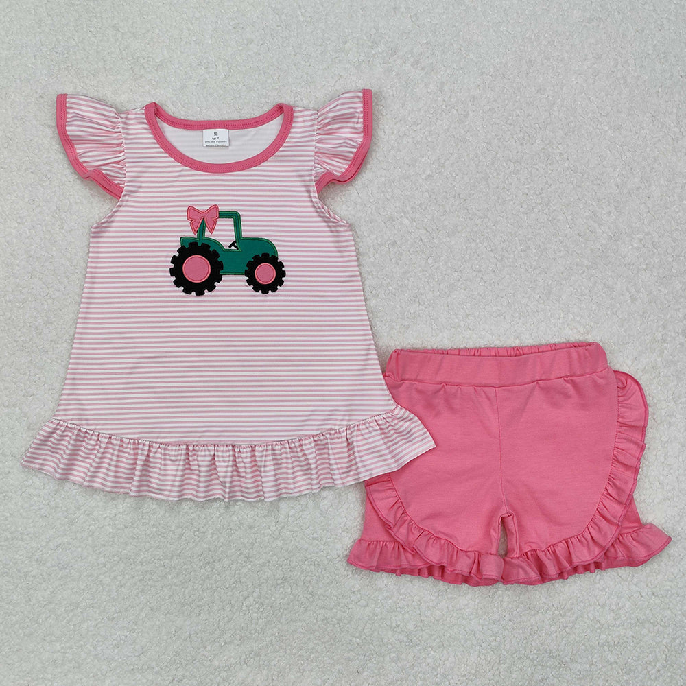 Baby Boy Girl Short Sleeves Embroidery Trucks Bows Sibling Romper Clothes Set