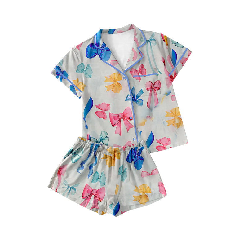 Preorder Adult Women Short Sleeves Bows Buttons Shirt Shorts Pajamas Set