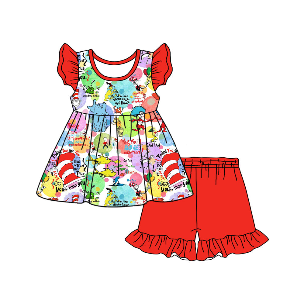 Preorder Baby Girl Short Sleeves Dr Reading Tunic Red Ruffle Shorts Clothes Set