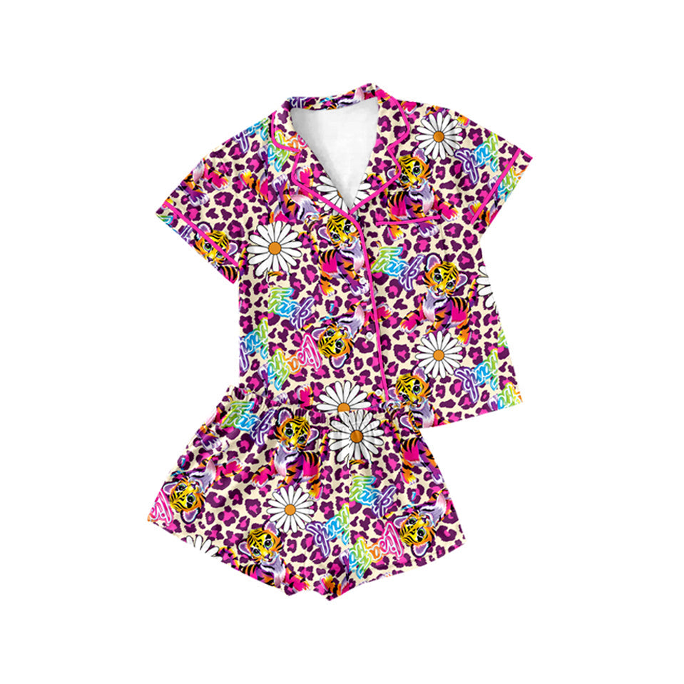 Preorder Baby Girl Short Sleeves Leopard Flower Tiger Buttons Shirt Shorts Pajamas Clothes Set