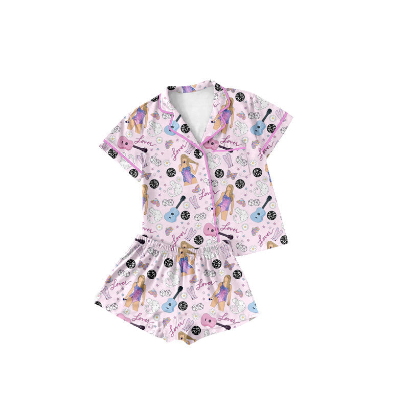 Baby Girl Short Sleeves Singer Buttons Shirt Shorts Pajamas Clothes Pink Set RTS
