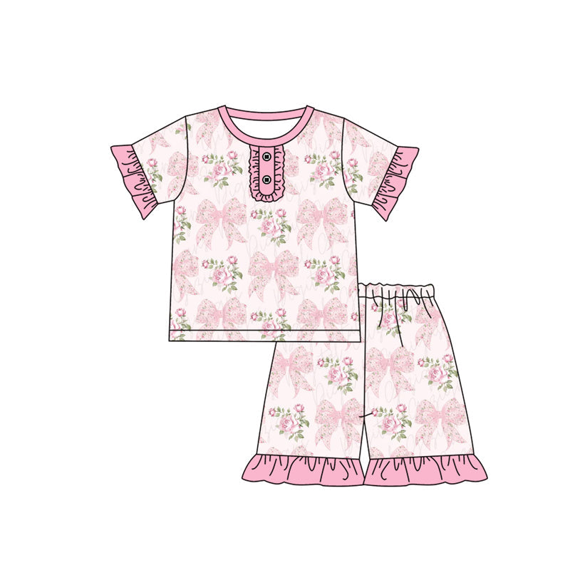Preorder Baby Girl Short Sleeves Pink Bows Flower Shirt Shorts Pajamas Clothes Set