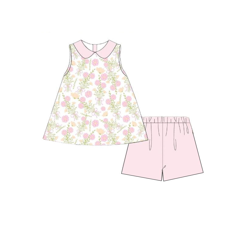 Preorder Baby Girl Sleeveless Flower Tunic Pink Shorts Clothes Set