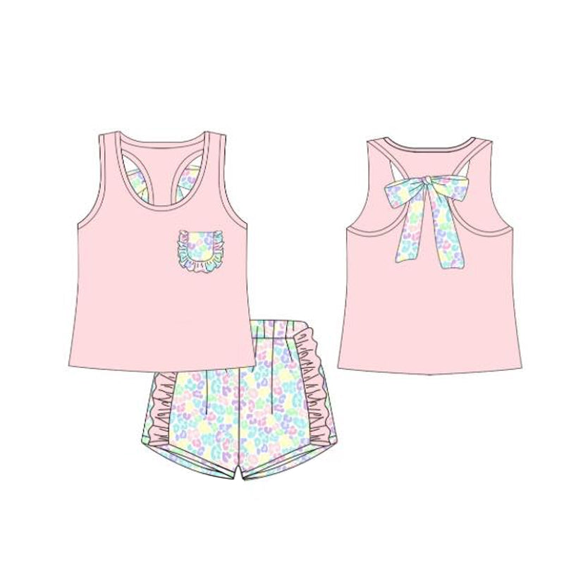 Baby Girl Sleeveless Pocket Bow Pink Vest Ruffle Leopard Shorts Clothes Set RTS
