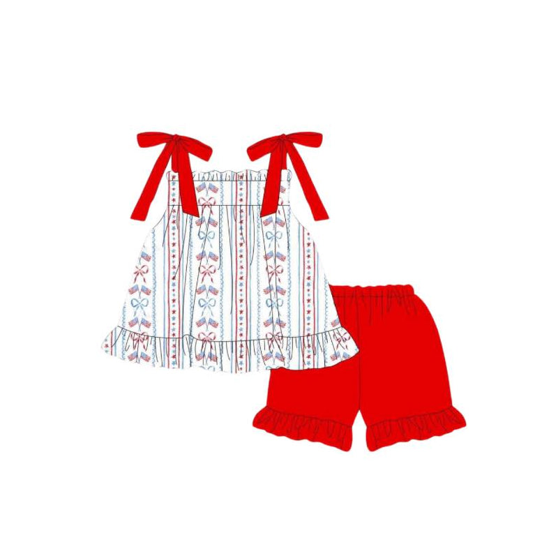 Baby Girl July 4th Flag Bow Tunic Red Ruffle Shorts Clothes Set RTS