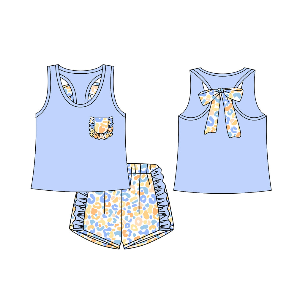 Preorder Baby Girl Sleeveless Pocket Bow Blue Vest Shirt Flower Shorts Clothes Set