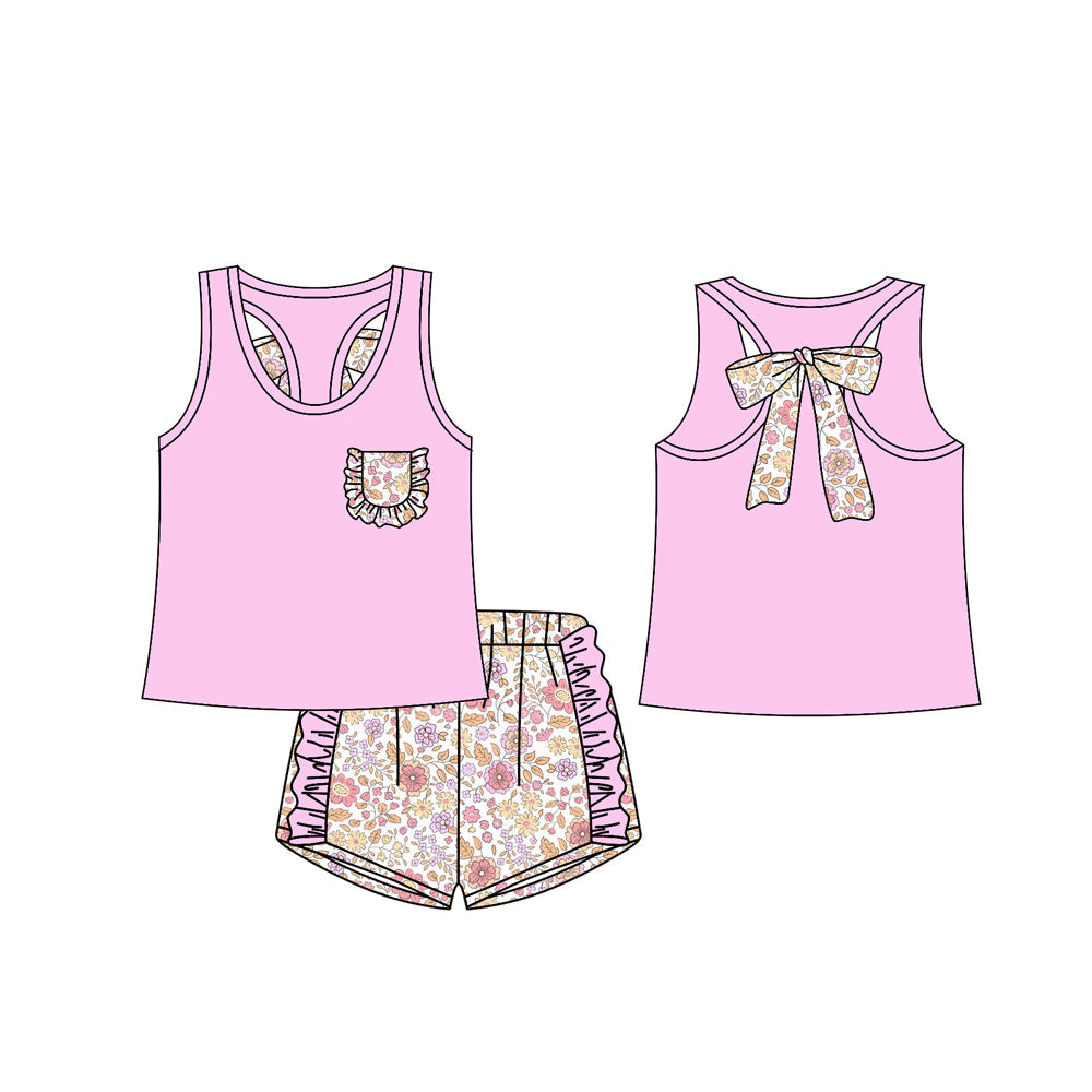 Preorder Baby Girl Sleeveless Pocket Bow Pink Vest Floral Shorts Clothes Set