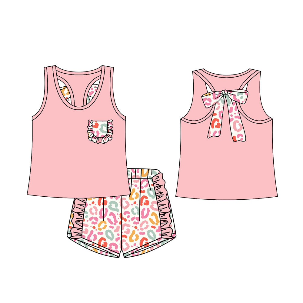 Preorder Baby Girl Sleeveless Pocket Bow Pink Vest Leopard Shorts Clothes Set