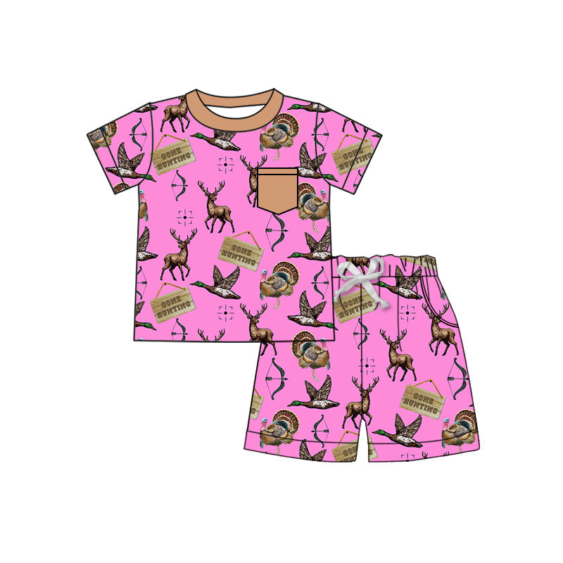 Preorder Baby Girl Short Sleeves Hunting Ducks Deer Shirt Shorts Pajamas Clothes Pink Set