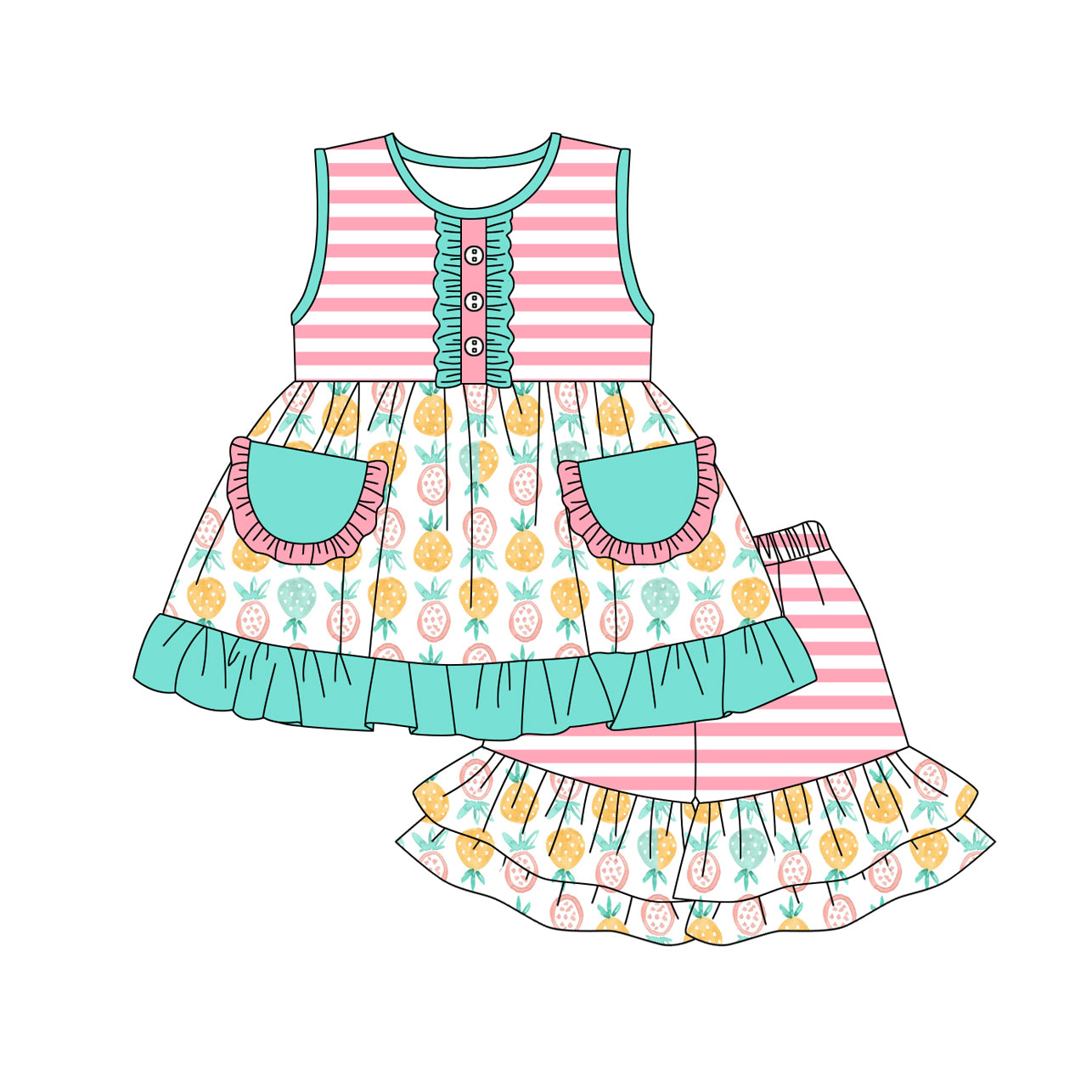 Preorder Baby Girl Sleeveless Stripes Pineapple Pockets Tunic Ruffle Shorts Clothes Set