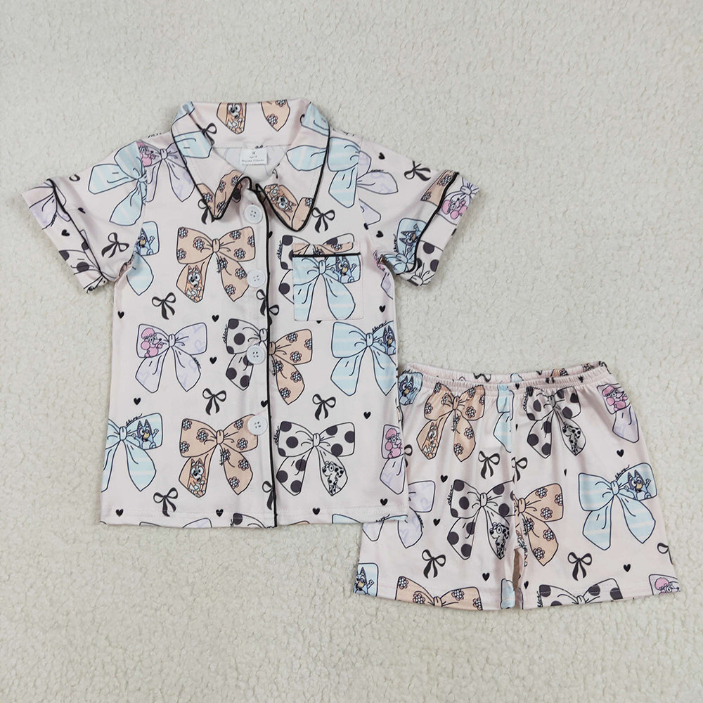 Baby Boy Girl Short Sleeves Dogs Buttons Shirt Shorts Sibling Pajamas Set RTS