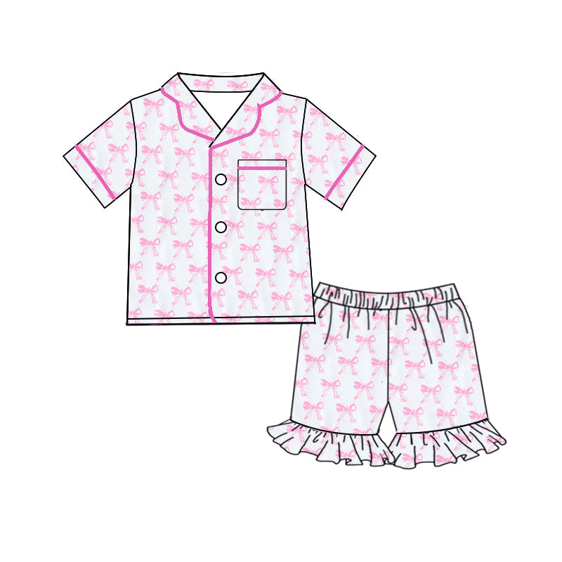 Preorder Adult Women Short Sleeves Pink Bows Buttons Pocket Shirt Shorts Pajamas Set
