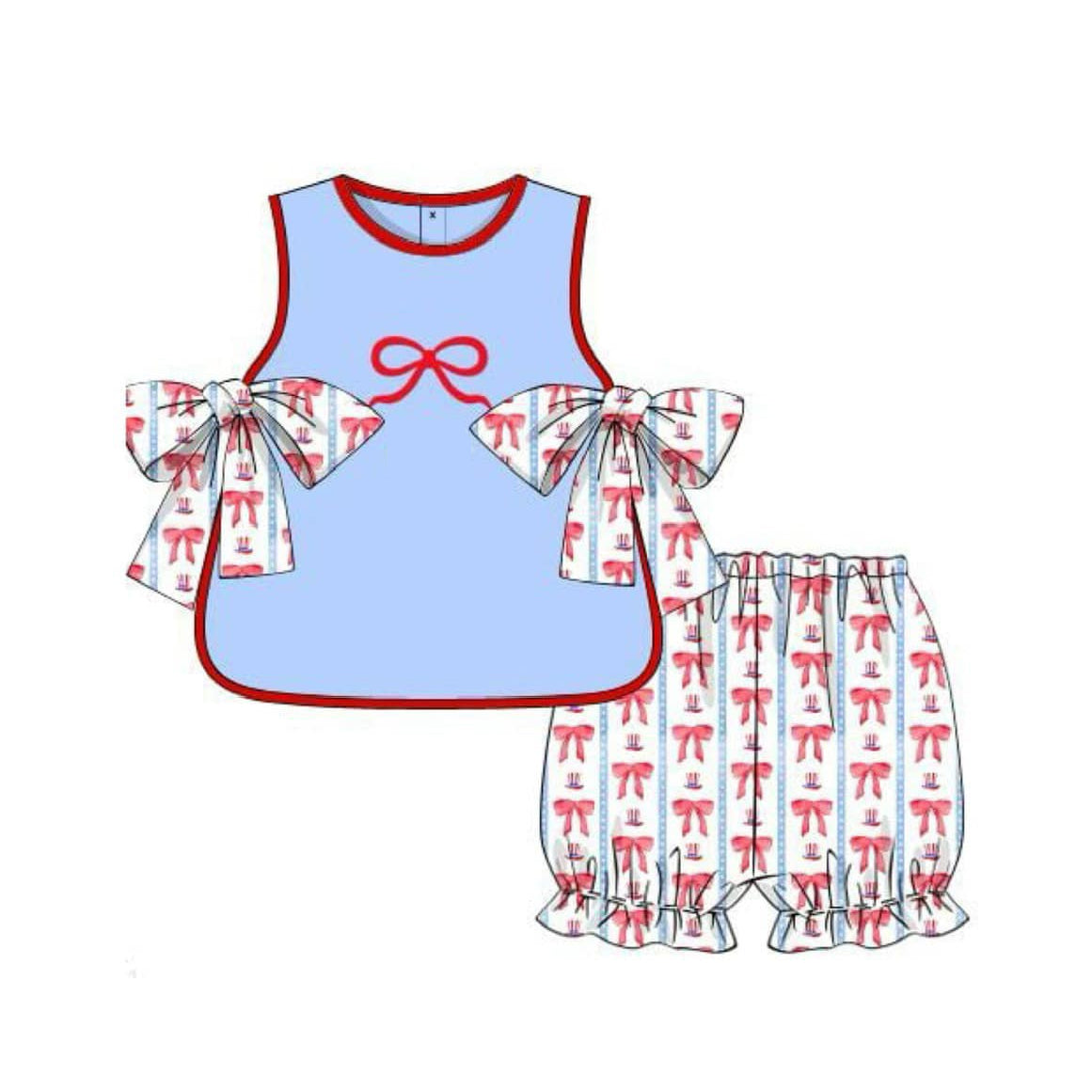 Preorder Baby Girl Blue Sleeveless Shirt Bows Shorts July 4th Clothes Set