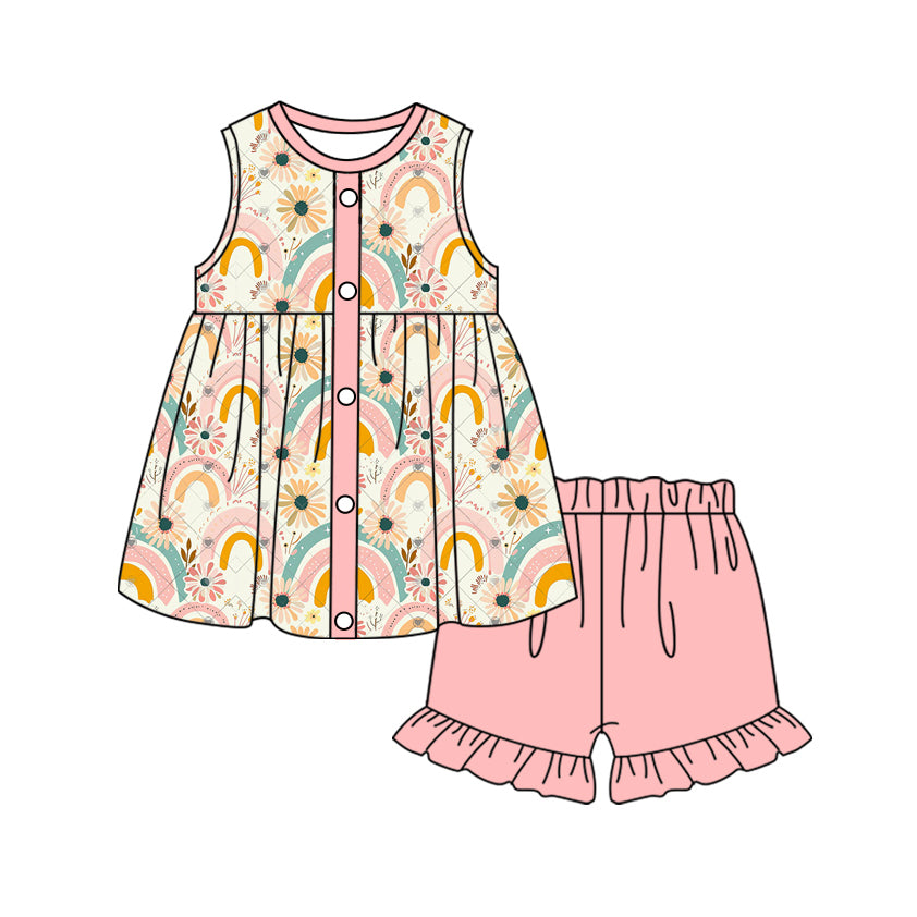 Preorder Baby Girl Sleeveless Rainbow Flower Tops Pink Shorts Set
