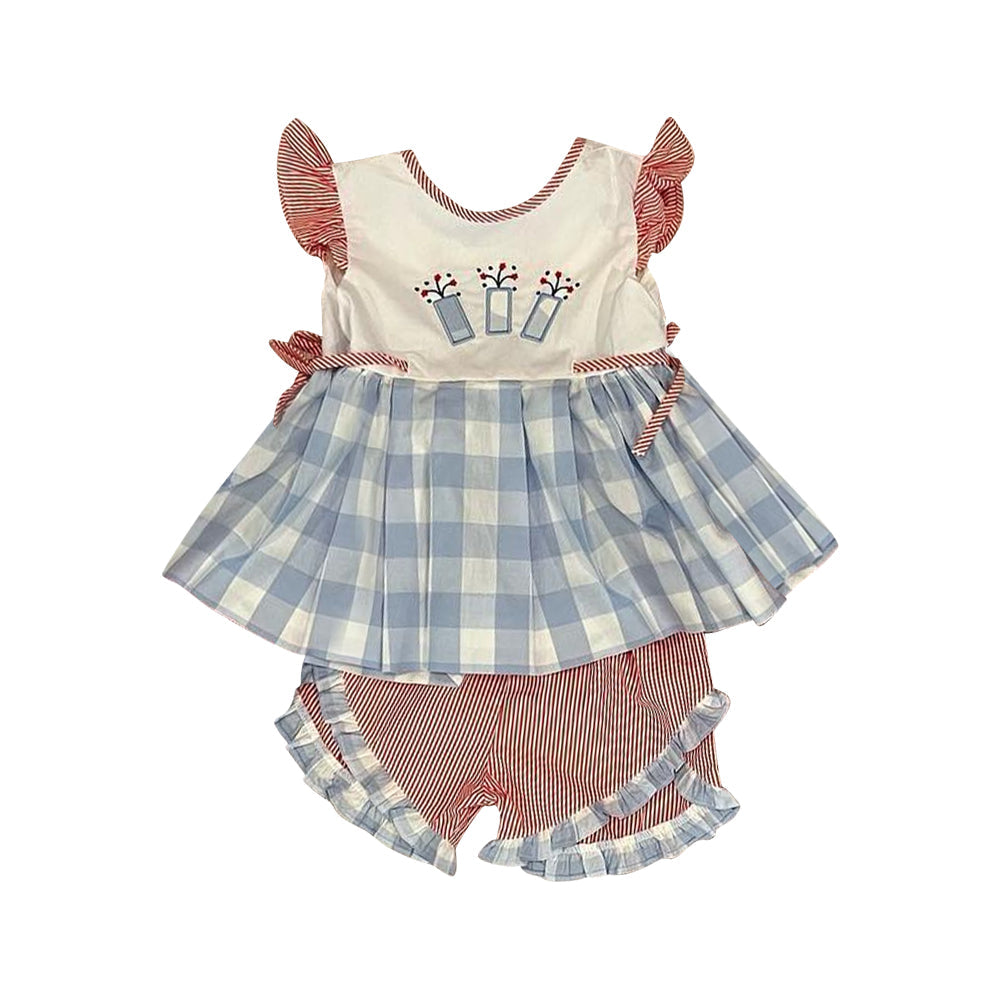 Preorder Baby Girl Short Sleeves July 4th Plaid Tunic Ruffle Shorts Clothes Set