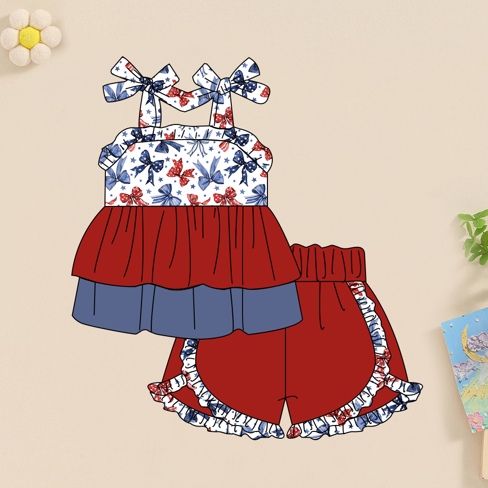 Preorder Baby Girl Straps July 4th Bows Ruffle Tunic Shorts Clothes Set