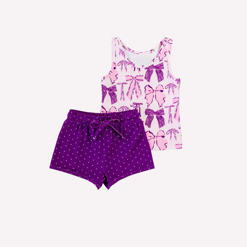 Preorder Baby Girl Sleeves Bows Shirts Dots Shorts Purple Clothes Set
