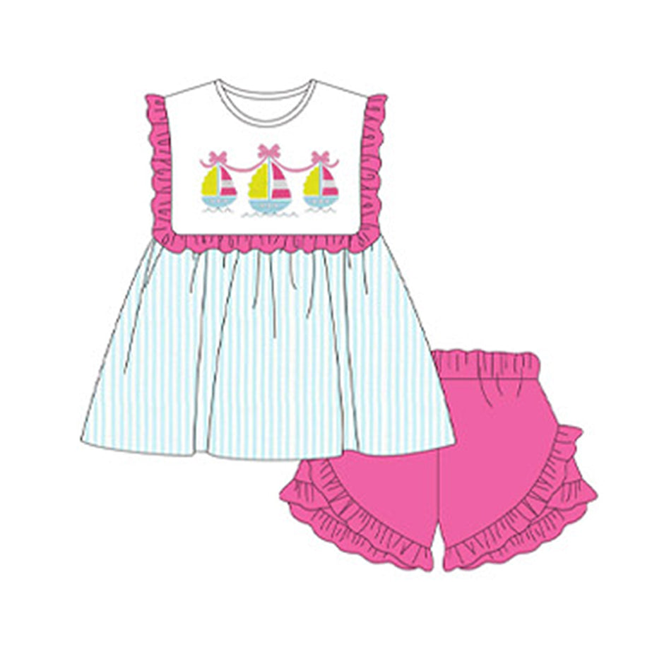 Preorder Baby Girl Boats Ruffle Tunic Ruffle Pink Shorts Clothes Set