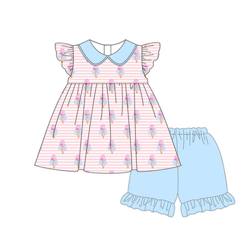 Preorder Baby Girl Short Sleeves Stripes Bows Popstic Tunic Blue Shorts Clothes Set