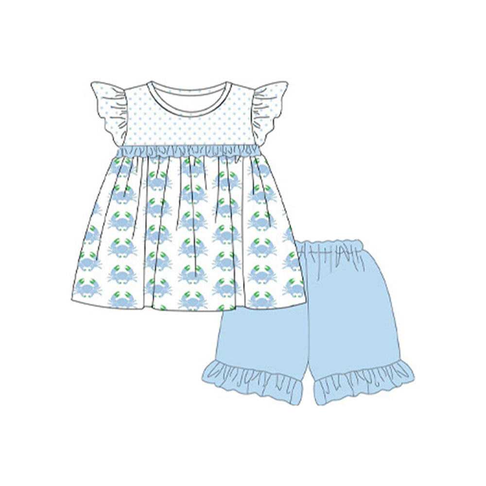 Preorder Baby Girl Short Sleeves Dots Crabs Tunic Blue Shorts Clothes Set
