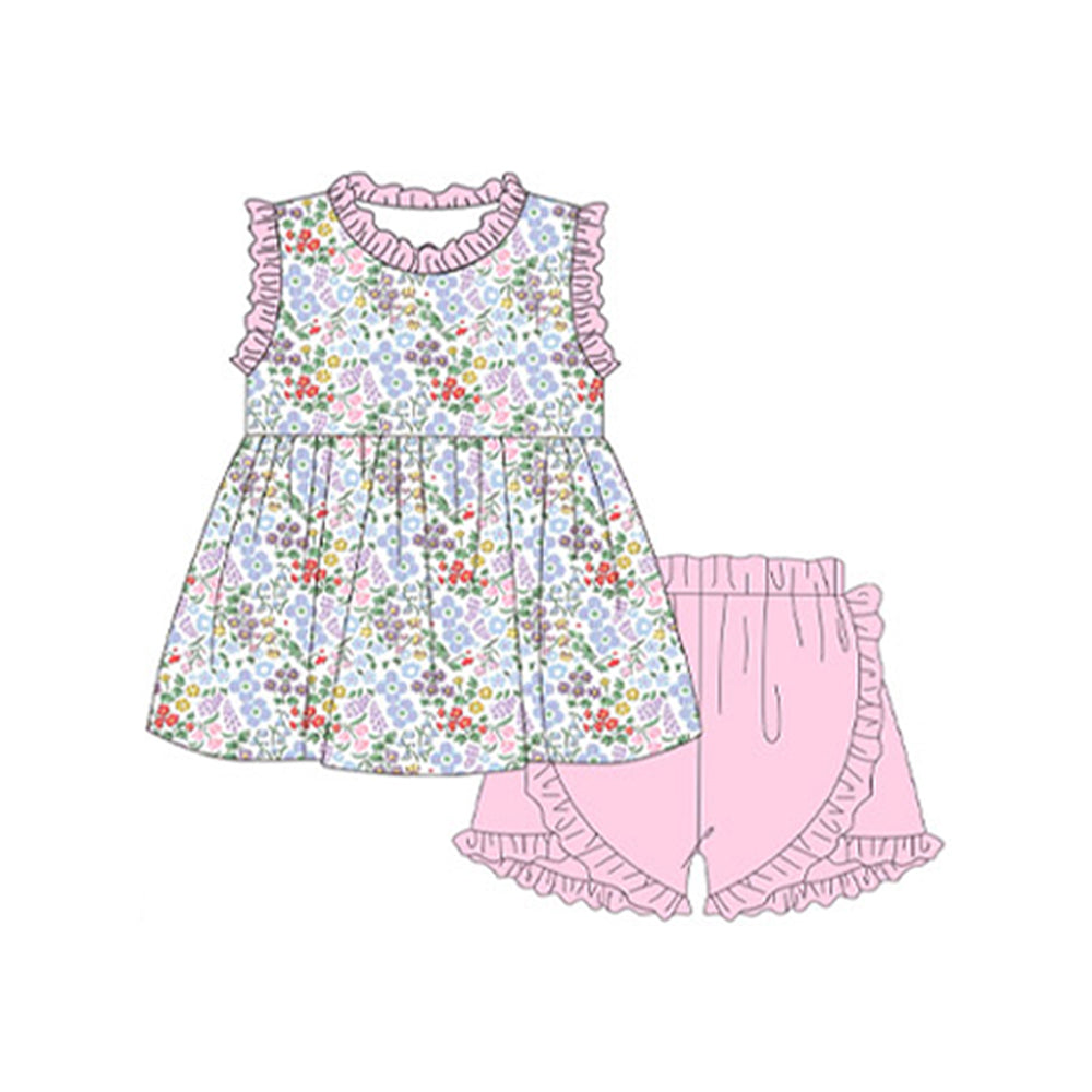 Preorder Sleeveless Baby Girl Sleeveless Floral Tunic Pink Ruffle Shorts Set
