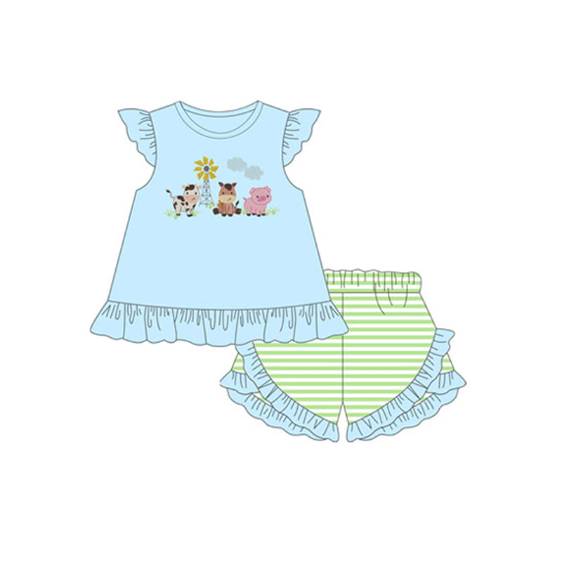 Preorder Baby Girl Short Sleeves Farm Animals Tunic Ruffle Stripes Shorts Clothes Set