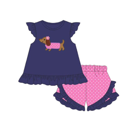 Preorder Baby Girl Short Sleeves Dog Navy Tunic Ruffle Shorts Clothes Set