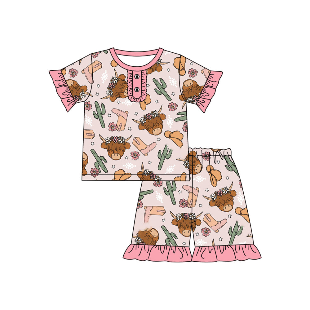 Preorder Baby Girl Short Sleeves Western Cow Cactus Shirt Ruffle Shorts Pajamas Clothes Set