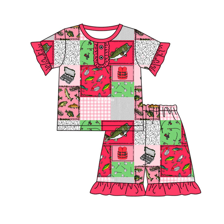 Preorder Baby Girl Short Sleeves Fishing Shirt Plaid Shorts Pajamas Clothes Set