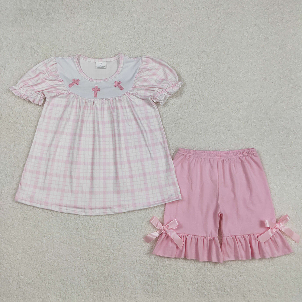 Baby Boy Girl Short Sleeves Embroidery Easter Cross Sibling Romper Outfit Clothes RTS