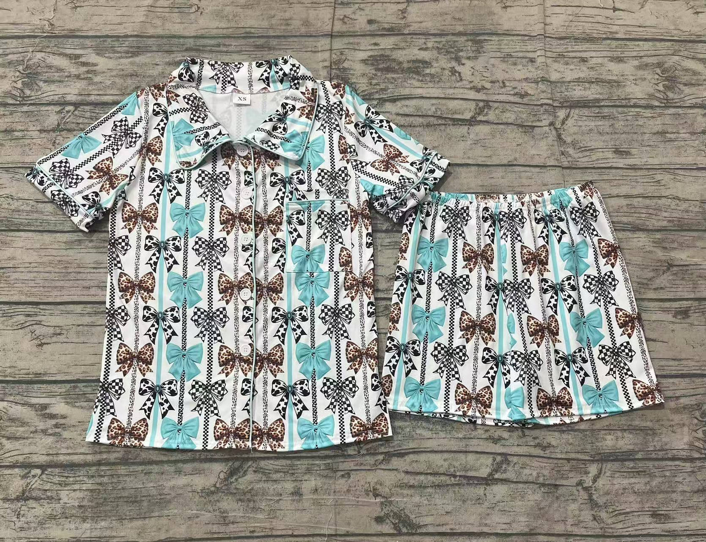 Adult Women Short Sleeves Bows Stripes Buttons Shirt Shorts Clothes Pajamas Set RTS