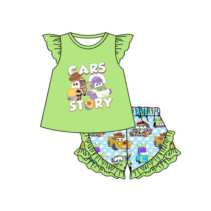 Preorder Baby Girl Green Short Sleeves Tunic Car Pockets Shorts Clothes Set