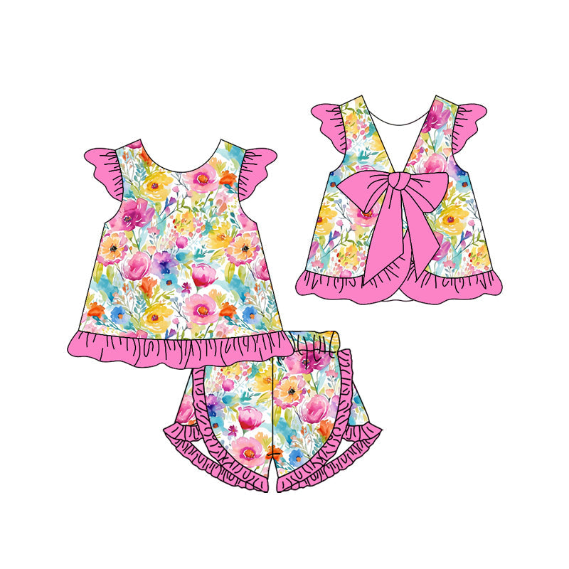 Preorder Baby Girl Short Sleeves Pink Bow Tunic Ruffle Flower Shorts Clothes Set