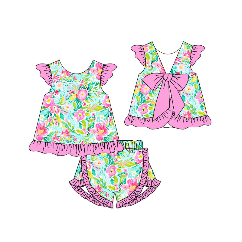 Preorder Baby Girl Short Sleeves Flower Bow Tunic Pink Ruffle Shorts Clothes Set