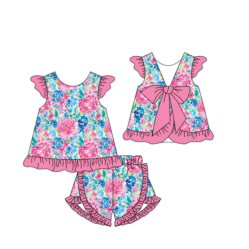 Preorder Baby Girl Short Sleeves Flower Pink Bow Tunic Ruffle Shorts Clothes Set