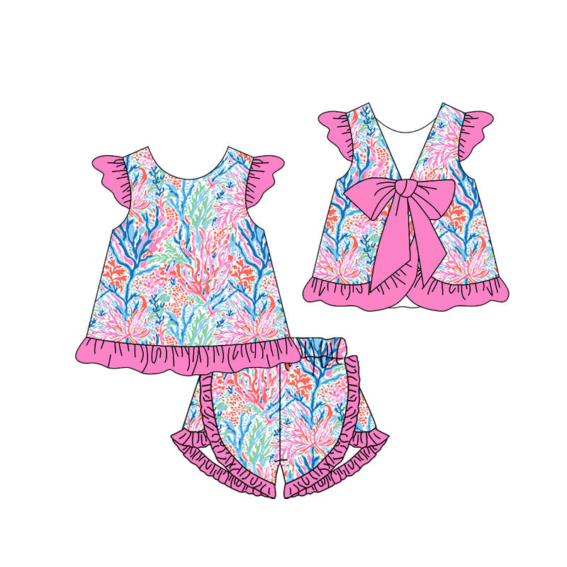 Preorder Baby Girl Short Sleeves Seaweed Flower Tunic Pink Ruffle Shorts Clothes Set