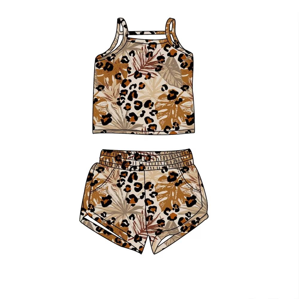 Preorder Baby Girl Sleeveless Leopard Leaves Shirt Shorts Clothes Set