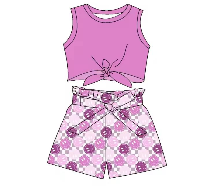 Preorder Baby Girl Sleeveless Purple Tops Smile Checked Shorts Summer Clothes Set