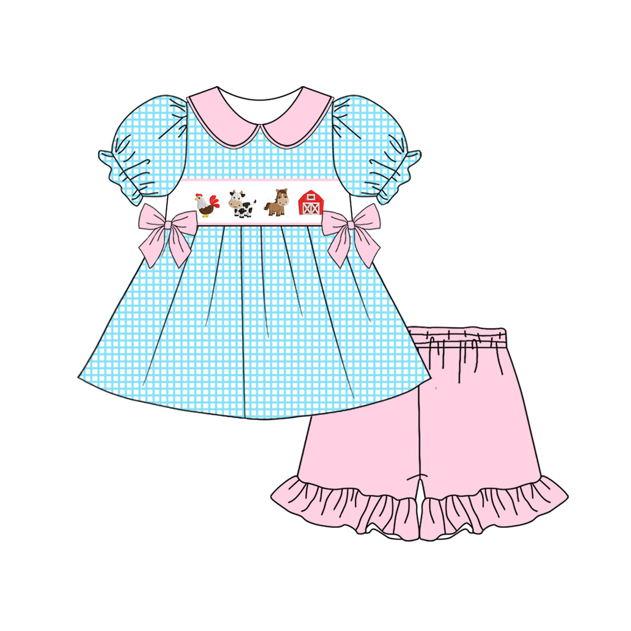 Preorder Baby Girl Short Sleeves Checkered Farm Animals Tunic Ruffle Pink Shorts Clothes Set