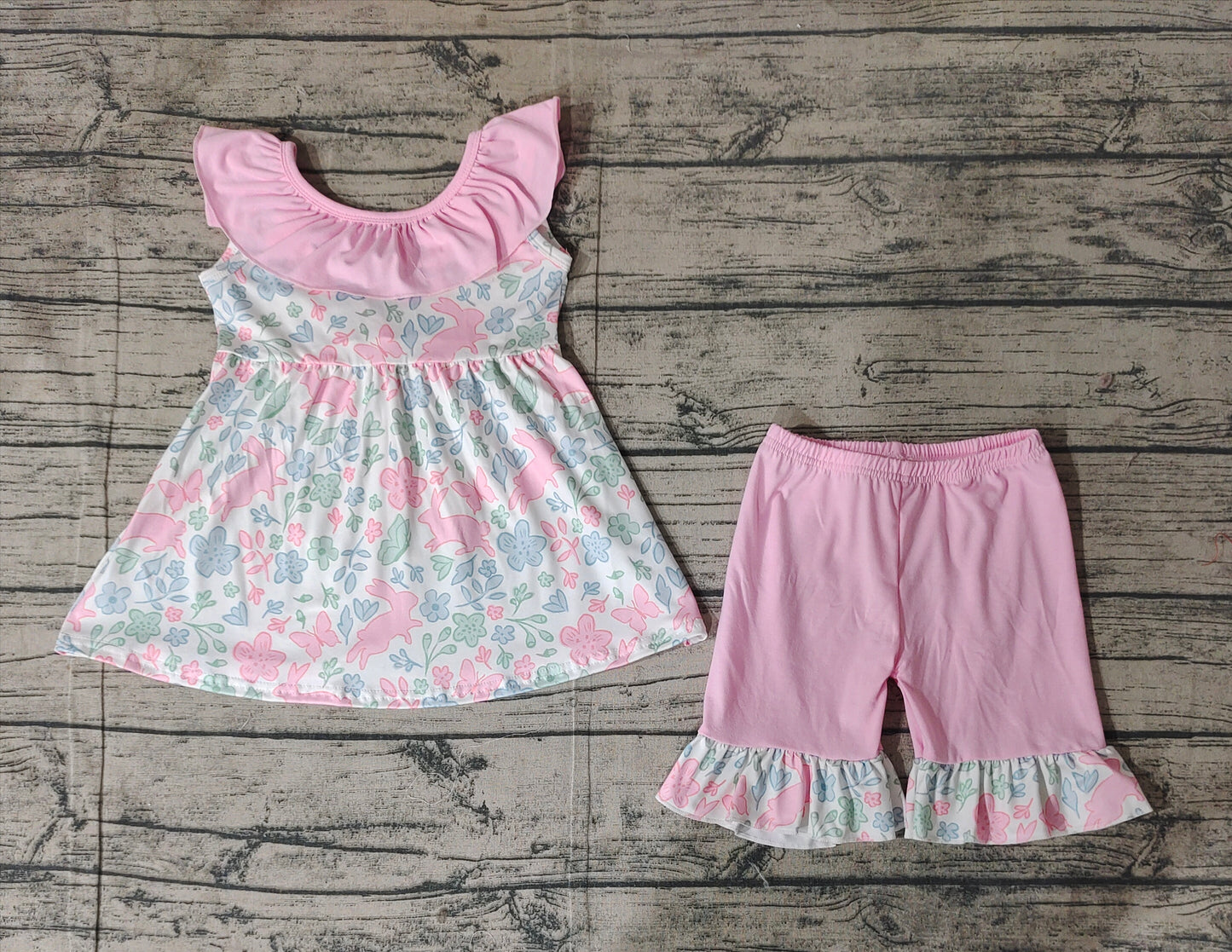 Baby Girl Sleeveless Easter Rabbits Flower Tunic Pink Ruffle Shorts Clothes Set RTS