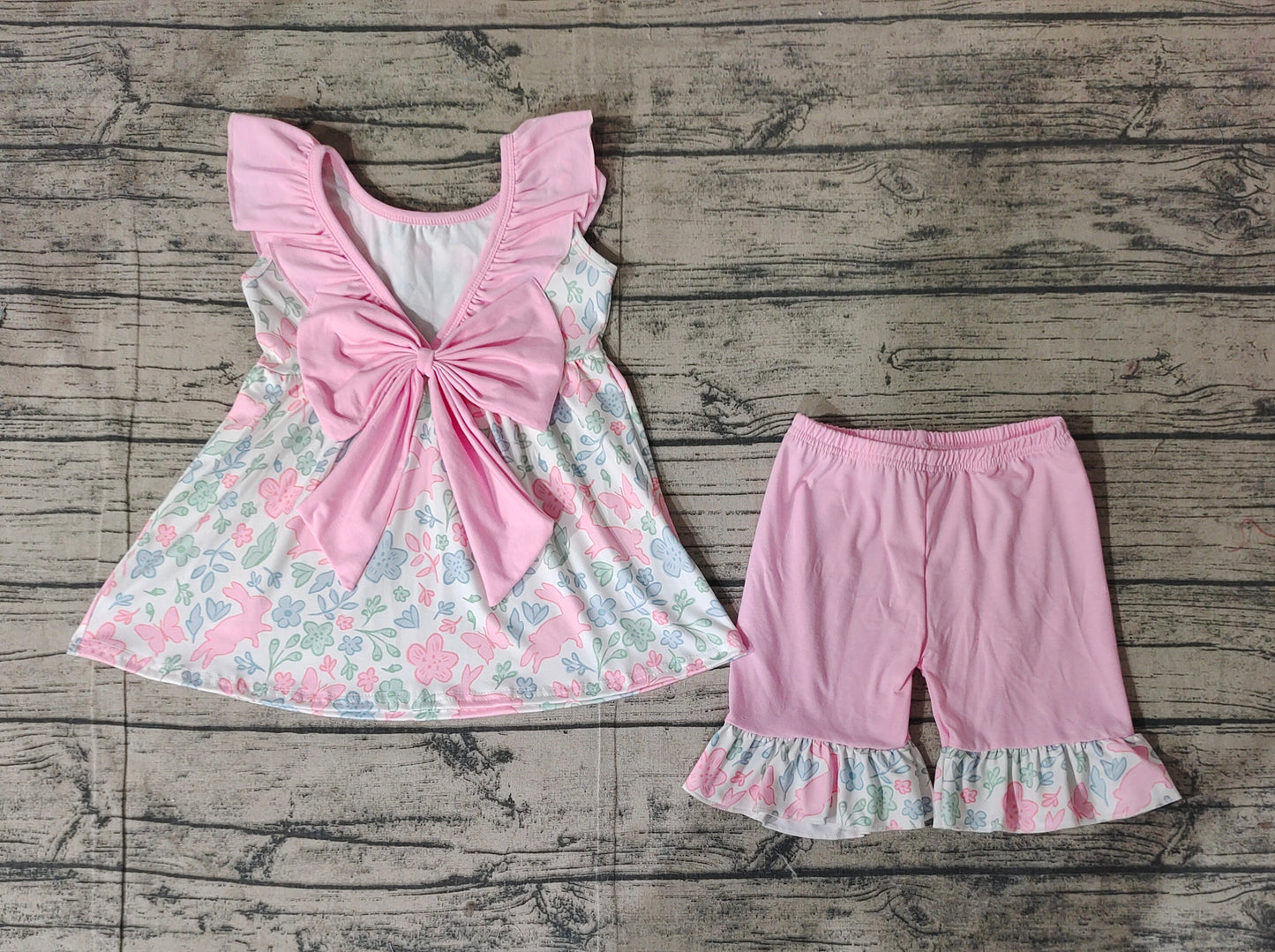 Baby Girl Sleeveless Easter Rabbits Flower Tunic Pink Ruffle Shorts Clothes Set RTS