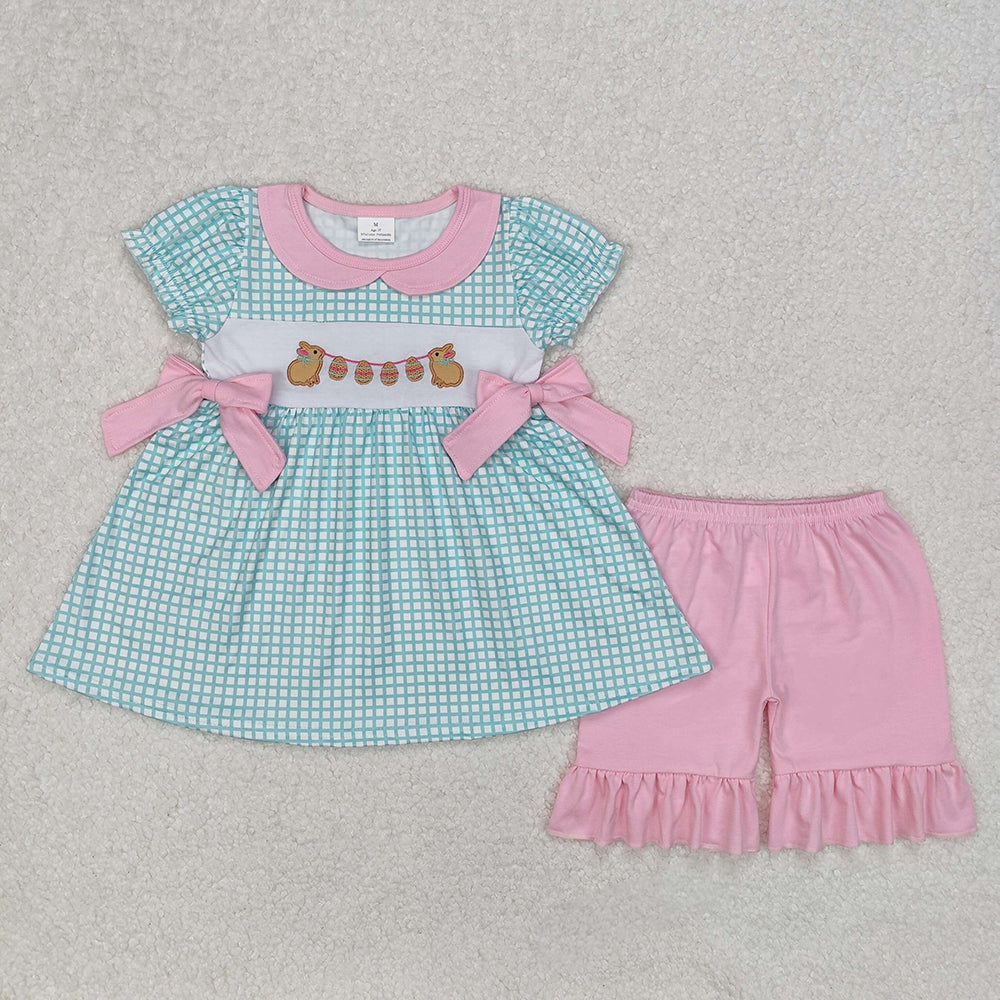 Baby Girl Short Sleeves Embroidery Easter Rabbits Eggs Sibling Dress Set Clothes RTS
