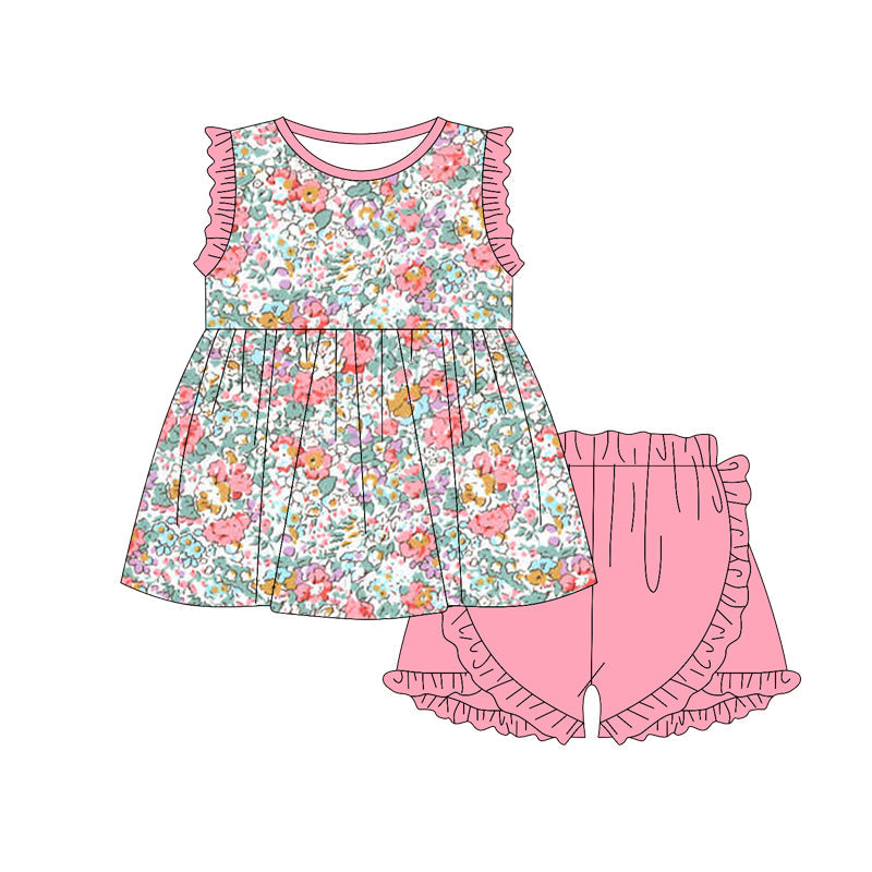 Preorder Baby Girl Sleeveless Flower Tunic Pink Ruffle Shorts Clothes Set