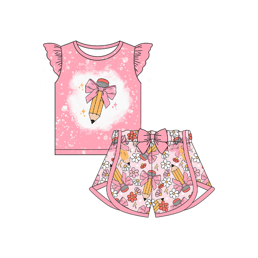 Preorder Baby Girl Back To School Pencil Bow Shirt Ruffle Shorts Clothes Set