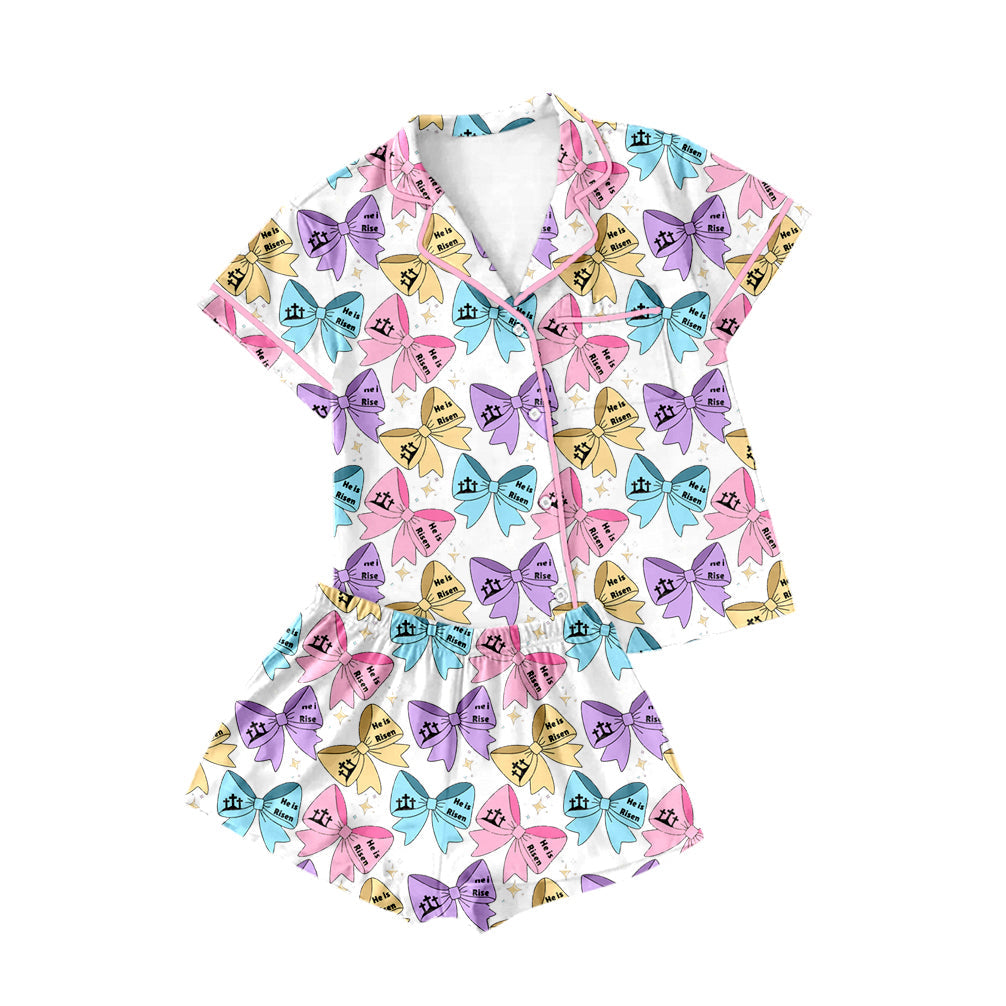 Preorder Adult Women Short Sleeves Easter Bows Buttons Shirt Shorts Pajamas Clothes Set