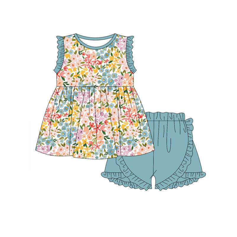 Preorder Baby Girl Sleeveless Flower Tunic Ruffle Blue Shorts Clothes Set
