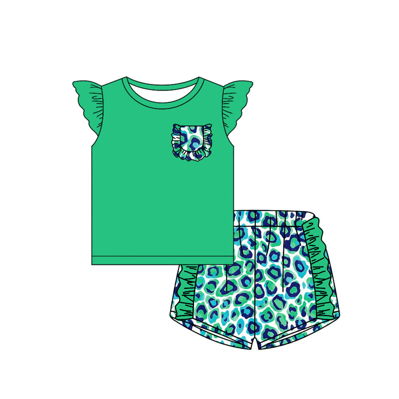 Preorder Baby Girl Short Sleeves Pocket Green Shirt Leopard Ruffle Shorts Clothes Set